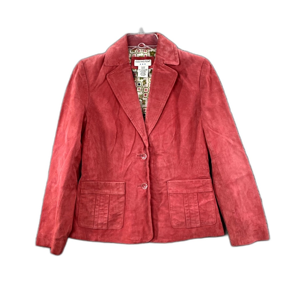 Vintage Covington Leather Blazer Jacket Womens S Red Single Breasted Lined Retro